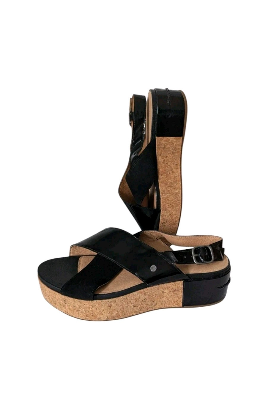 UGG Shoshana Sandal Size 9 Black Suede & Patent Leather Cork Slingback Buckle