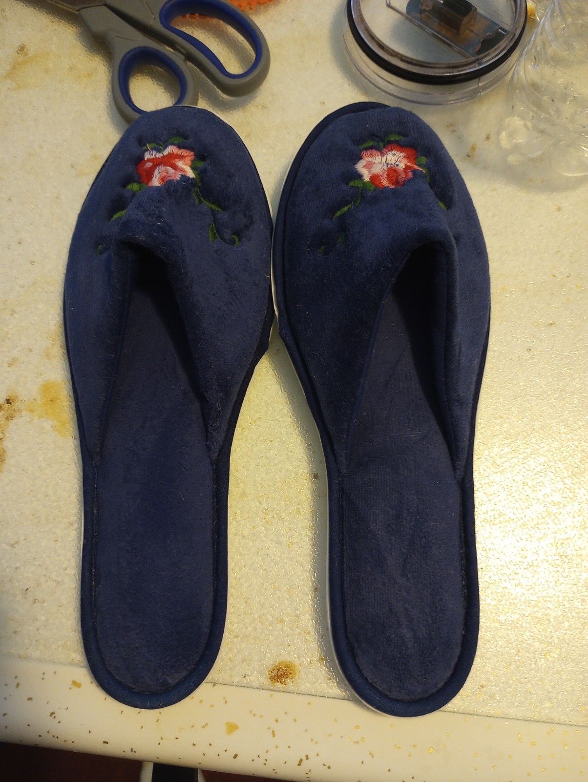 Vintage DearFoams Navy Floral Slippers Slip On Open Back Peep Toe XL 9.5/10.5