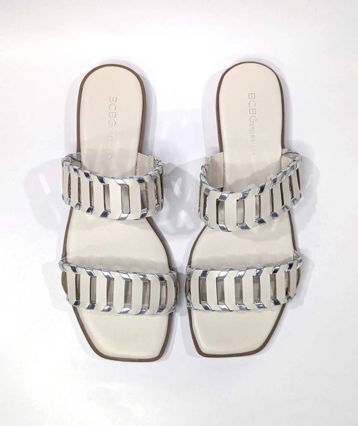 BCBGeneration Lemah Bianca/Silver Women’s Double Band Flat Sandal – Size 9 NWB