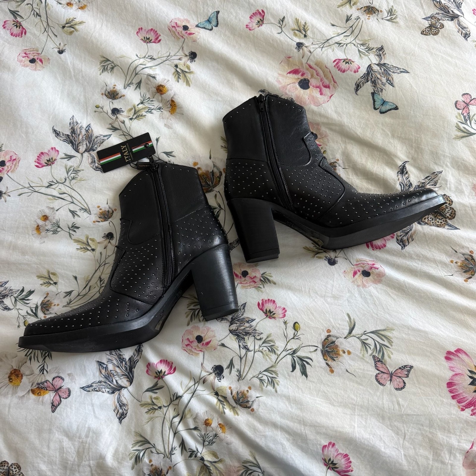Emanuele Crasto Black Leather Studded Western Ankle Boots