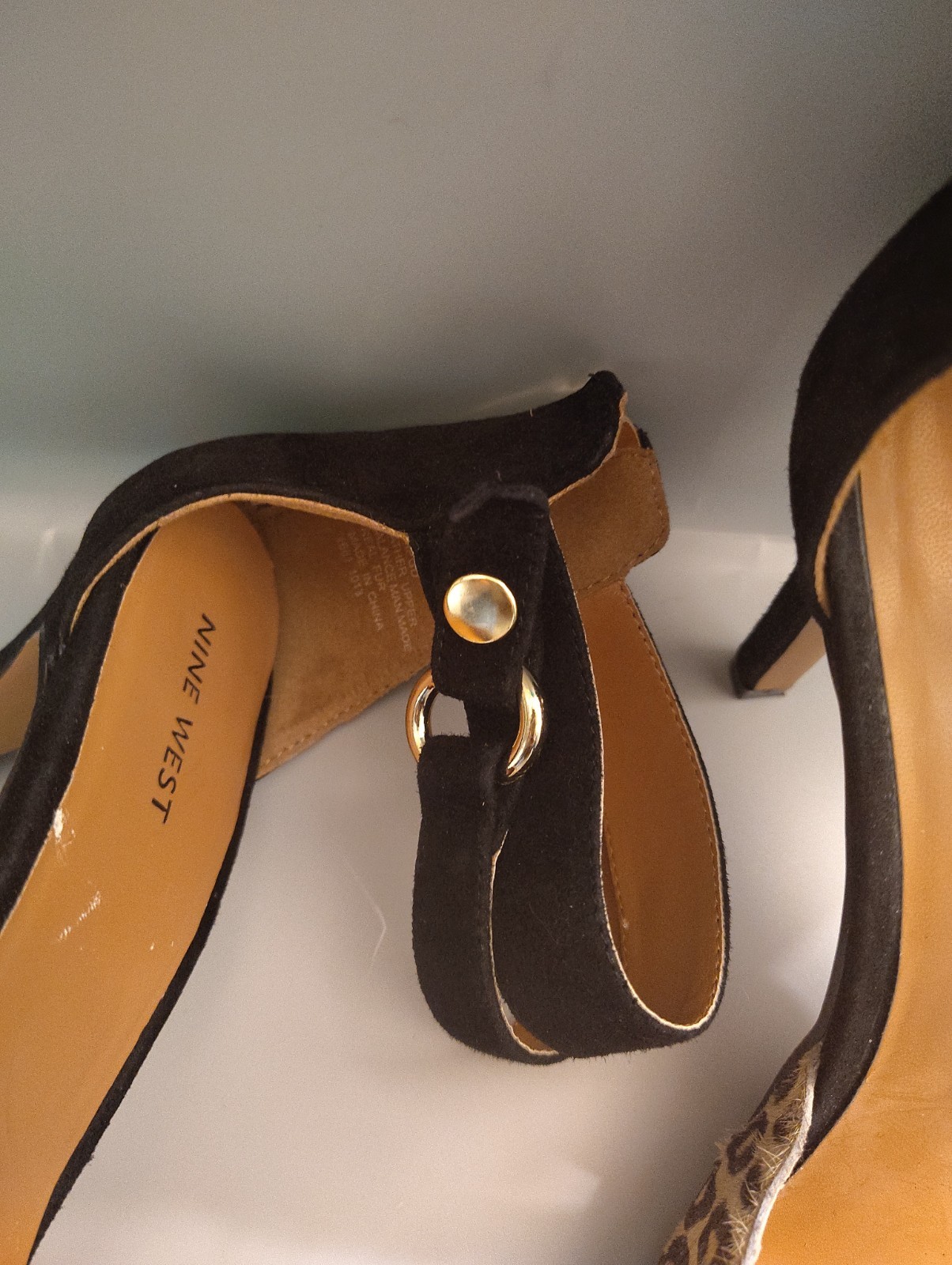 Nine West Ladies Leopard Print pointed Toe Black Suede Strap Back Zipper Heels