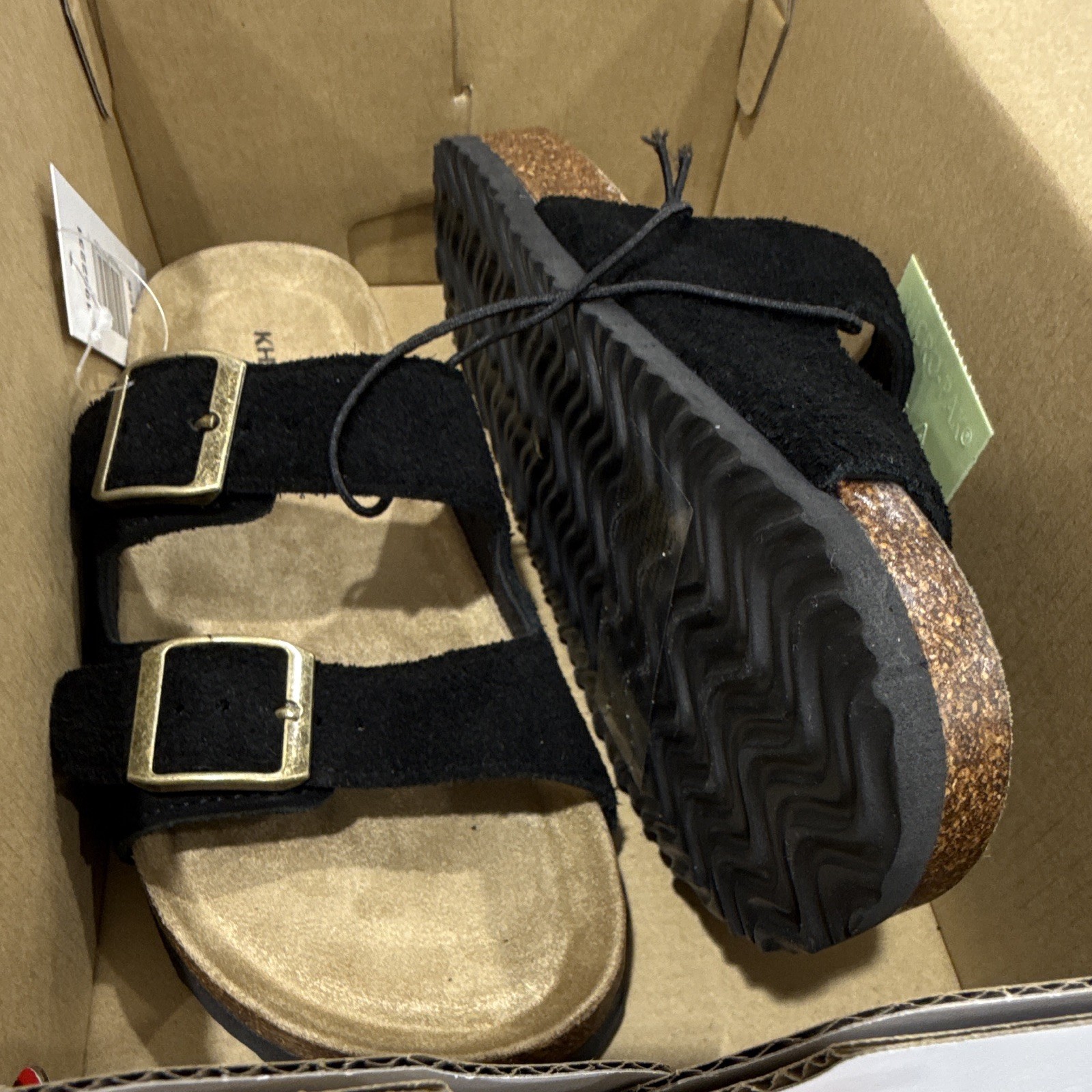 Khombu Women’s Slide Sandals Suede Cork Insole Buckle Black Lightweight 7