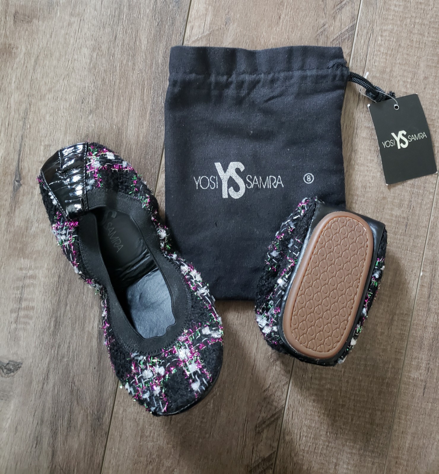 Yosi Samra Foldable Ballet Flats Black White Pink Green Tweed Patent Leather 8