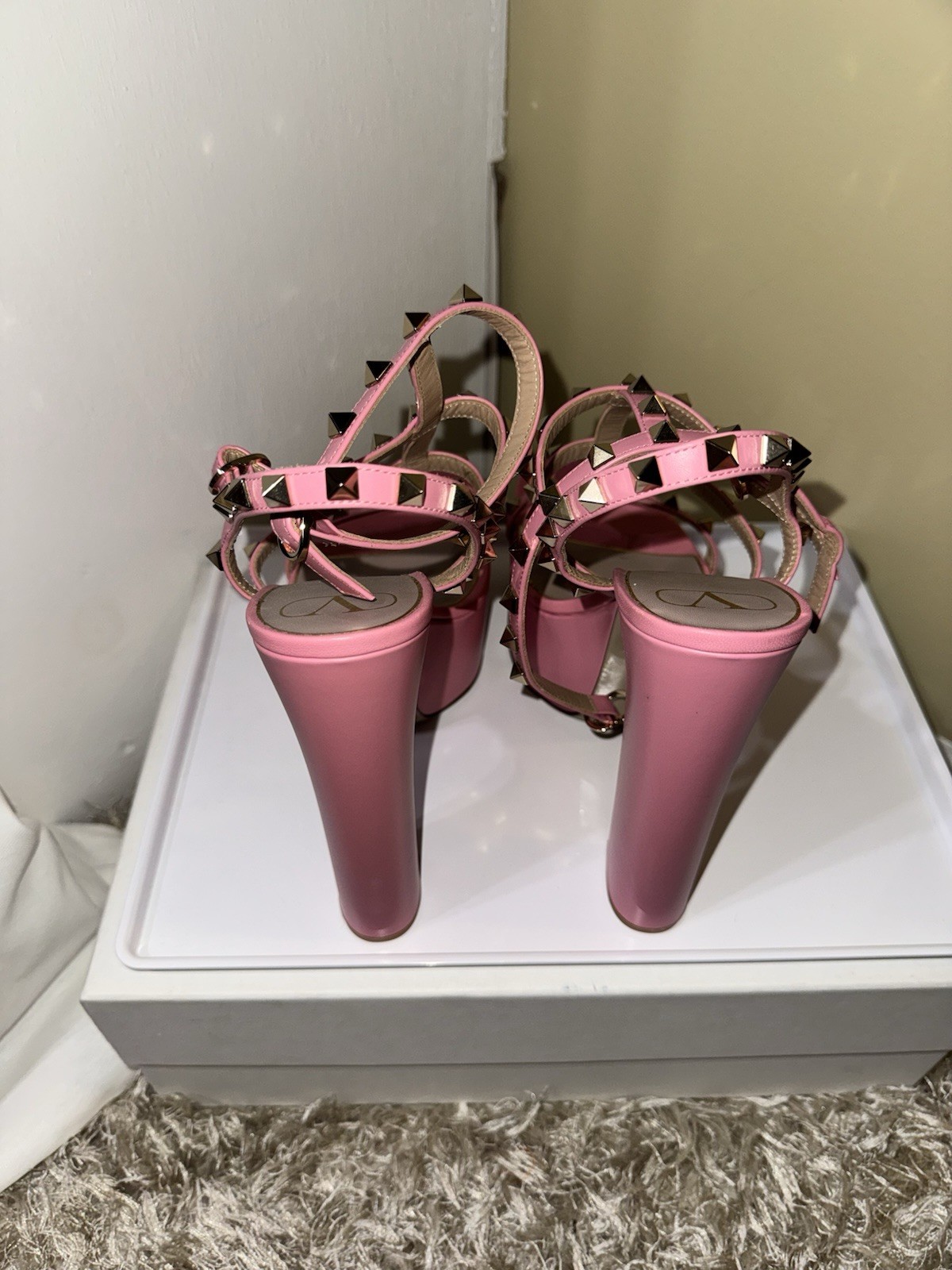 Valentino Women’s Pink Leather Platform Block Heel Studded Ankle Strap 11