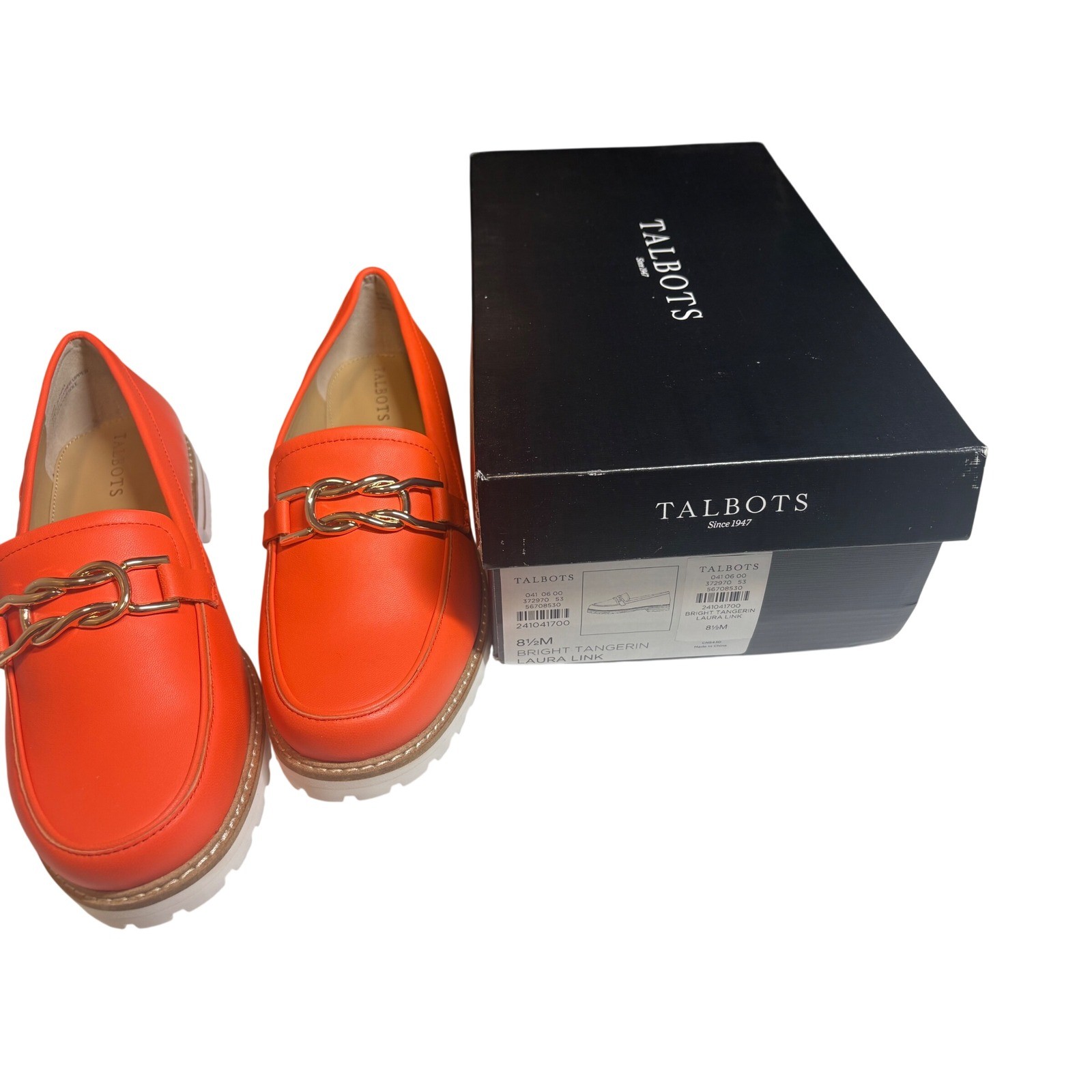 Talbots NWT Laura Link Leather Loafers Bright Tangerine Orange Gold Chain 8.5M