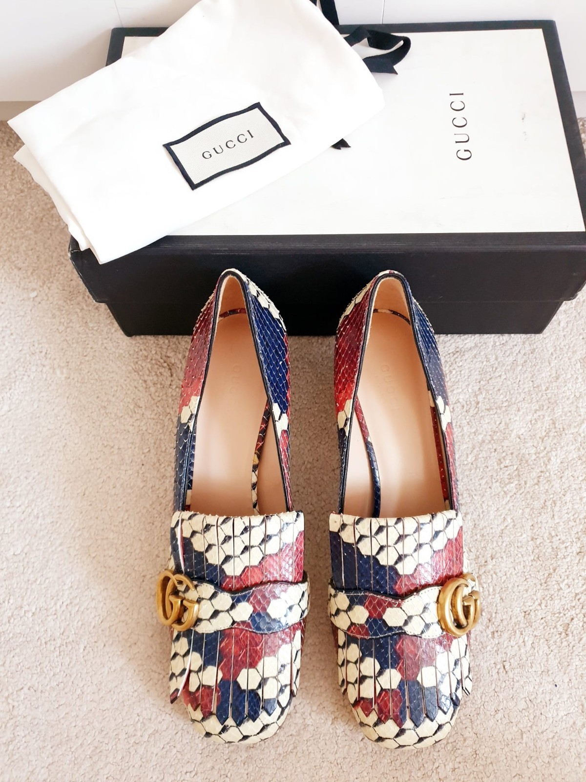 New Gucci Marmont Multi Fringed Leather Mid Heeled Court Shoes UK 6 EU 39 US 9