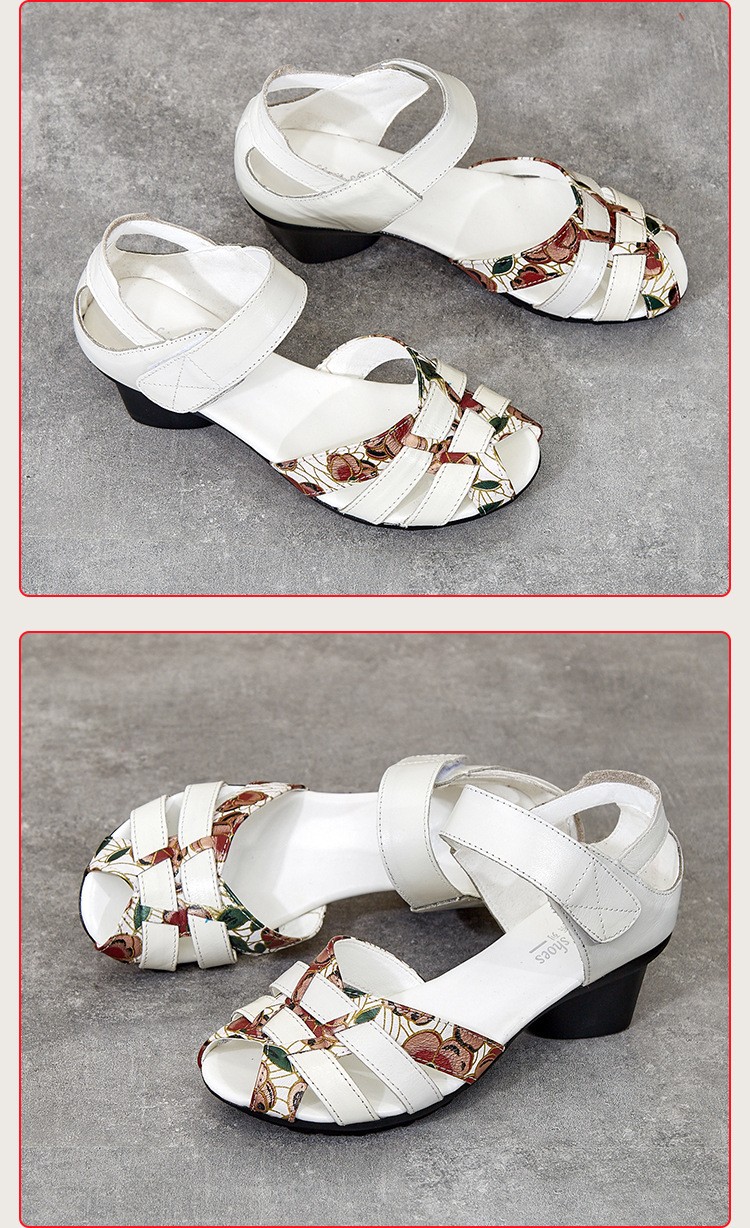 Women Closed Toe Ankle Strap Low Block Heel Red Floral Leather Sandals Shoes