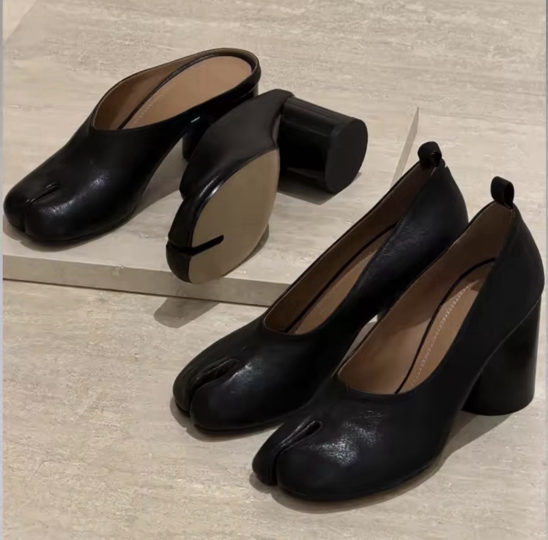 Women’s Black Faux Leather/Leather TABI Block Heel Pumps Slip On Logo Solid 8