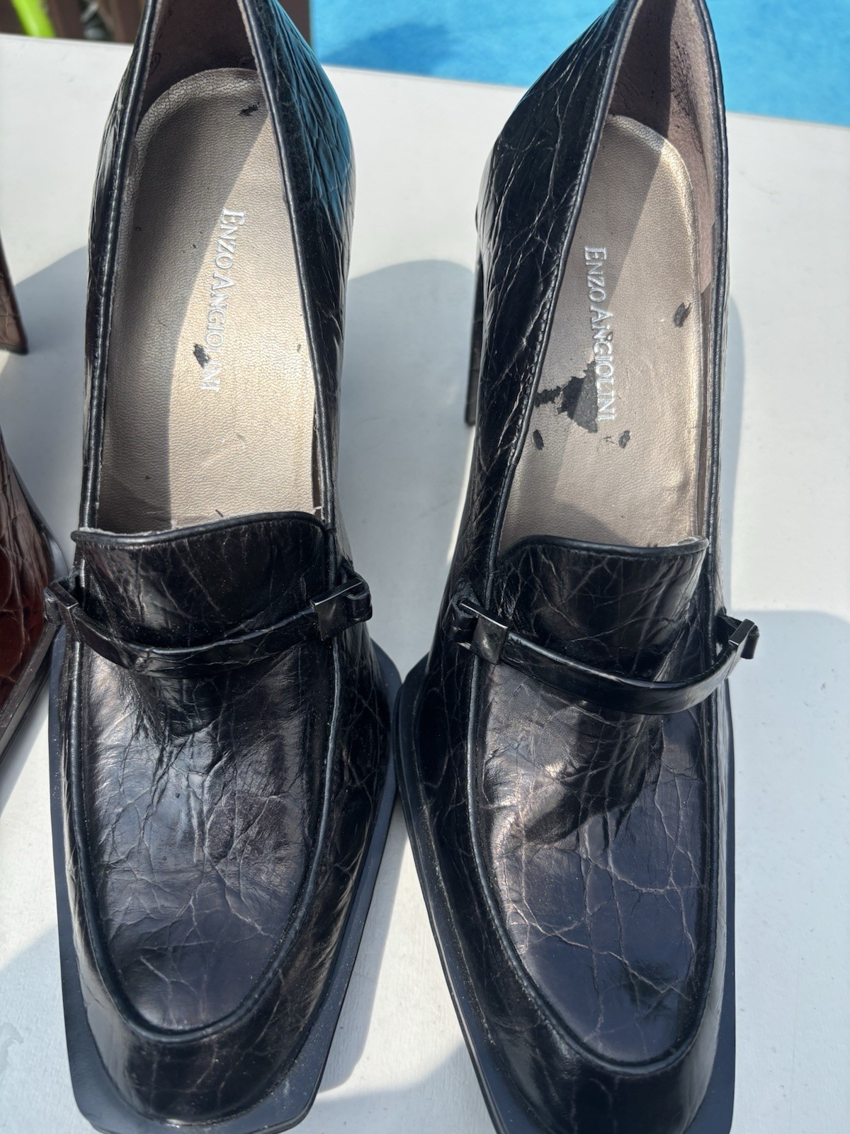 Enzo Angiolini Brown/Black Leather Croc Square Toe Block Heel Pumps 10. Two Pair