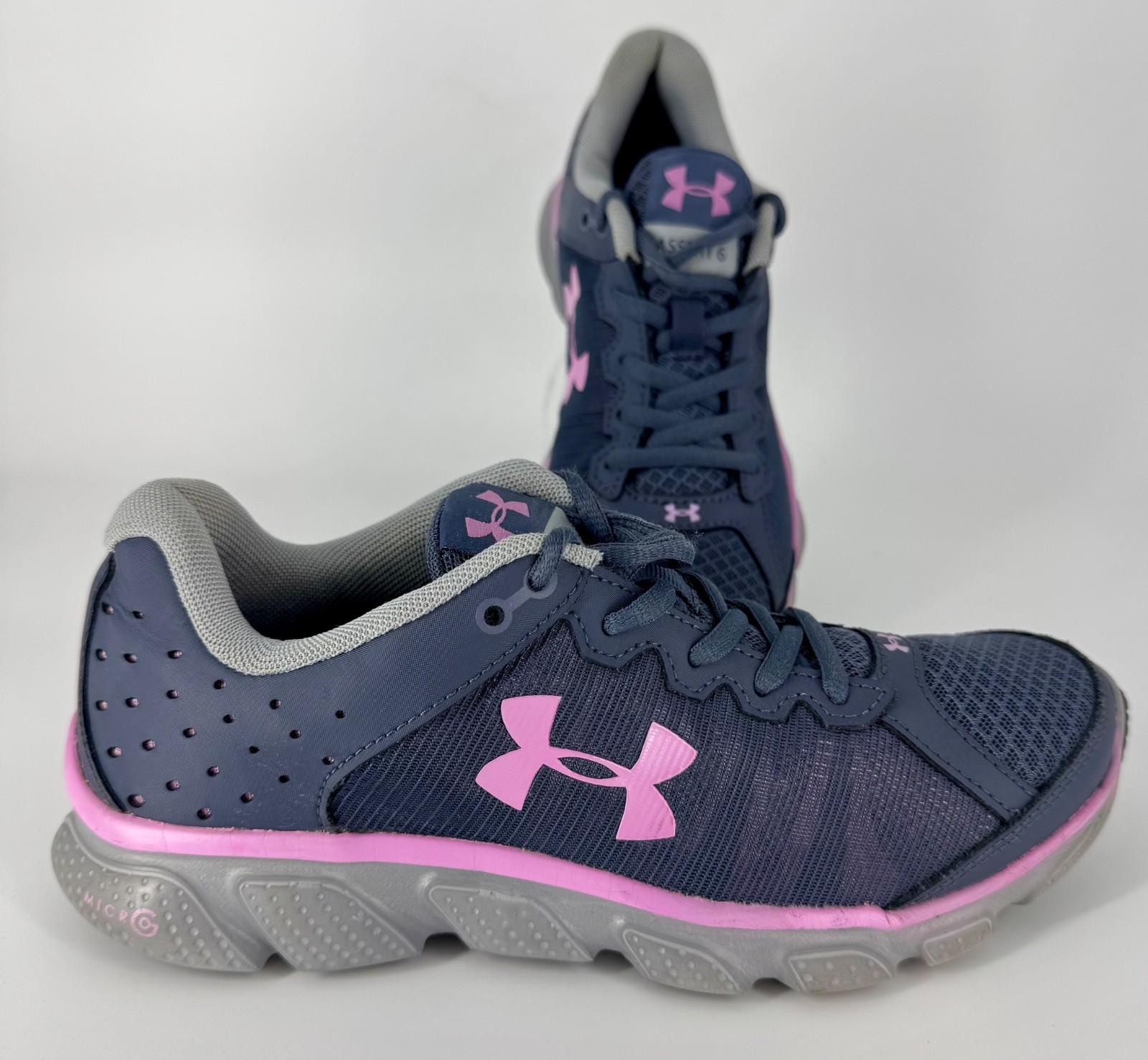 EUC Under Armour Micro G Assert Six Gray Navy Lavender Running Shoes Womens Sz 7