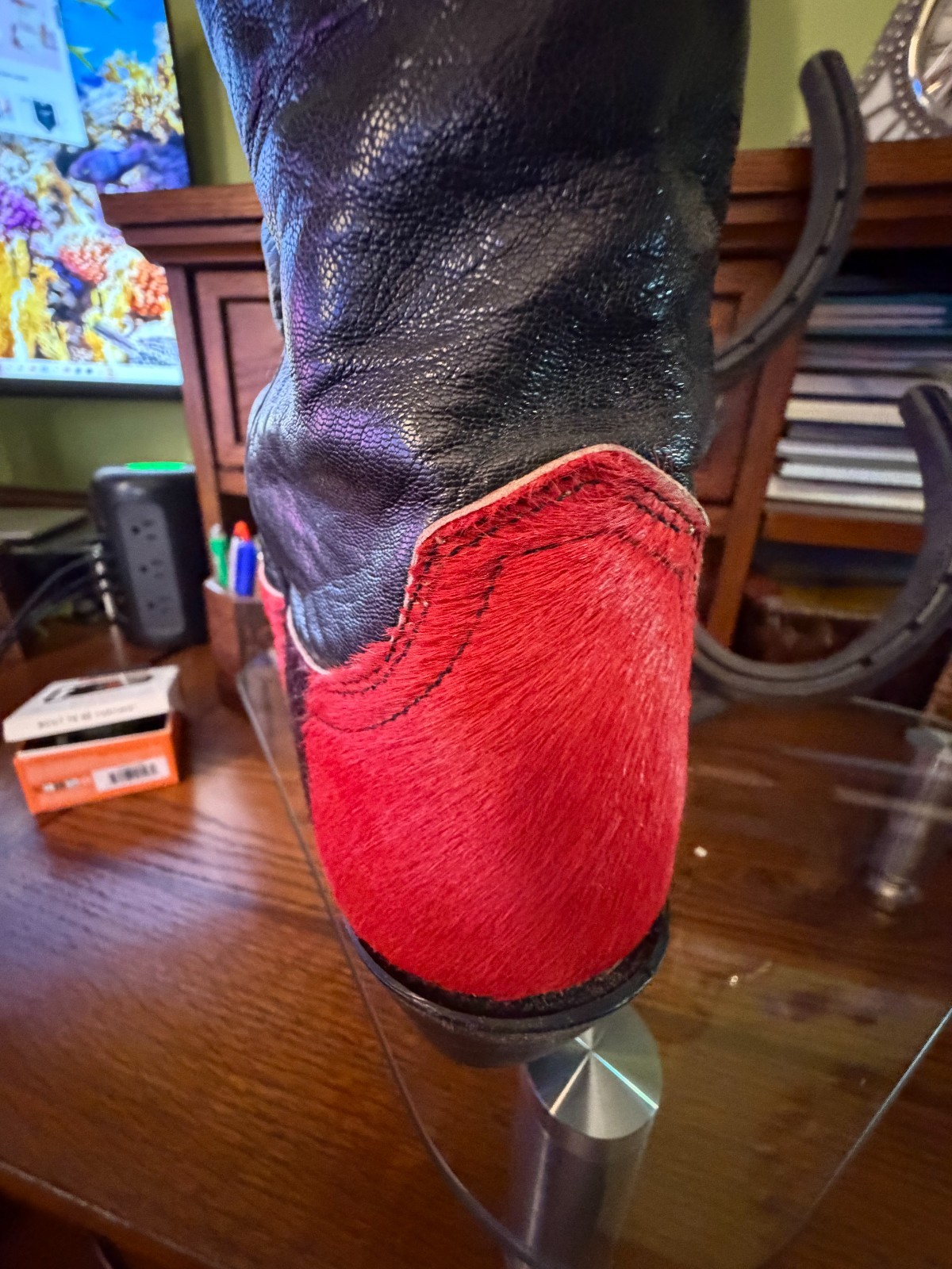 LUCCHESE Tool 1883 Cowhide Calf Hair Hide Red-White-Black Cowgirl Cowboy Boots 8
