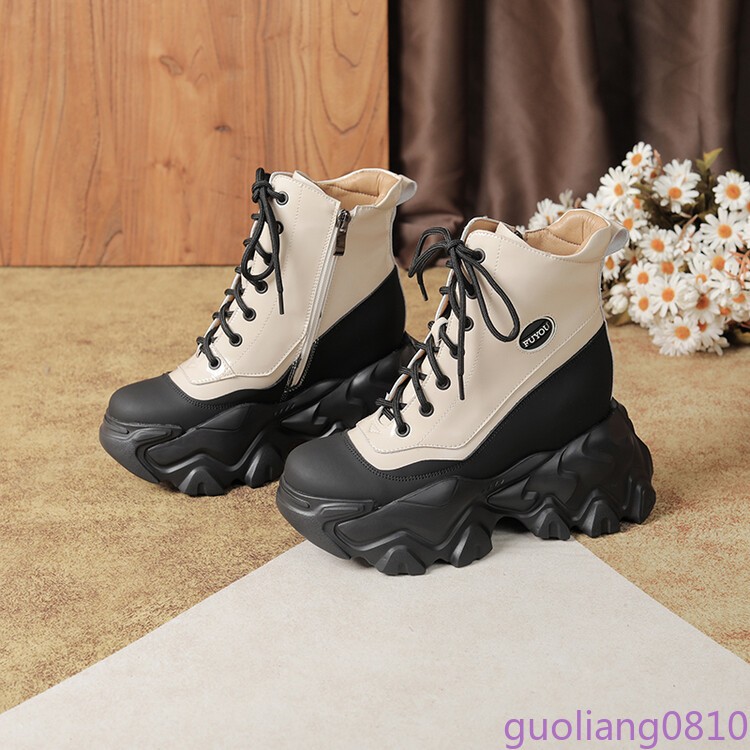 Women’s Leather Ankle Boots Lace Up Shoes Round Toe Hidden Wedge Platform Retro