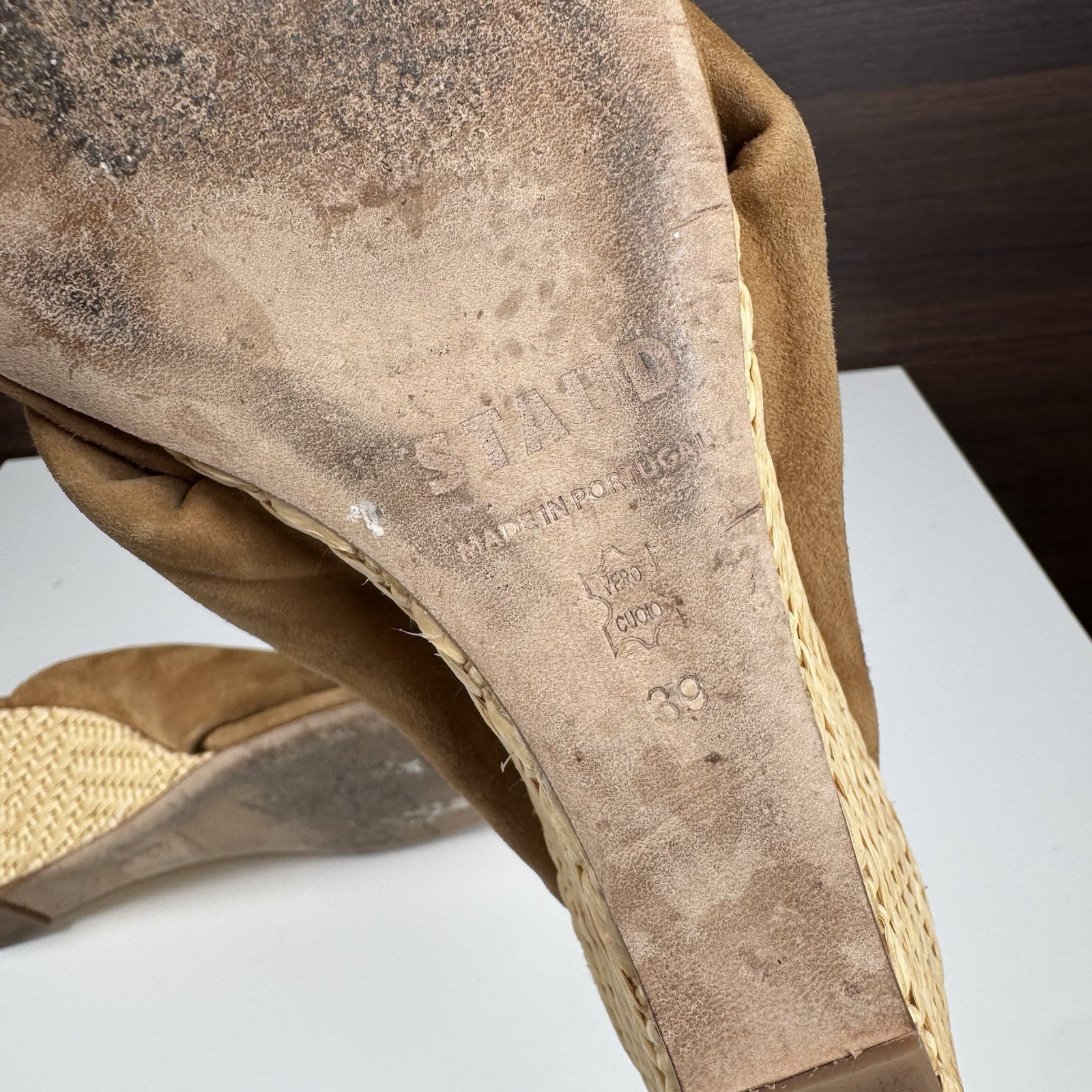 STAUD Dahlia Suede Knot Sandals Wedge Heel Tan Portugal Women’s size 9 / EU 39