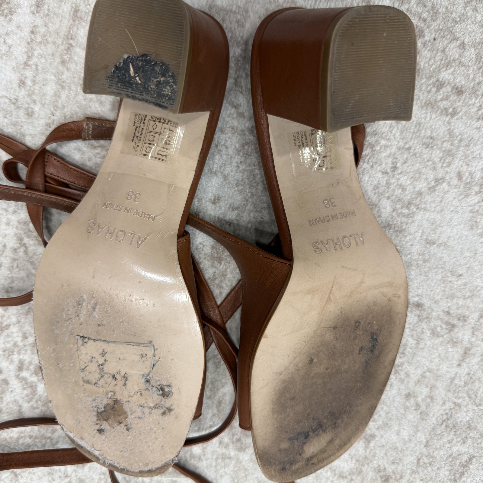 ALOHAS Sandals Womens Size 7.5 Brown Leather Strappy Block Heel Ankle Wrap Tie