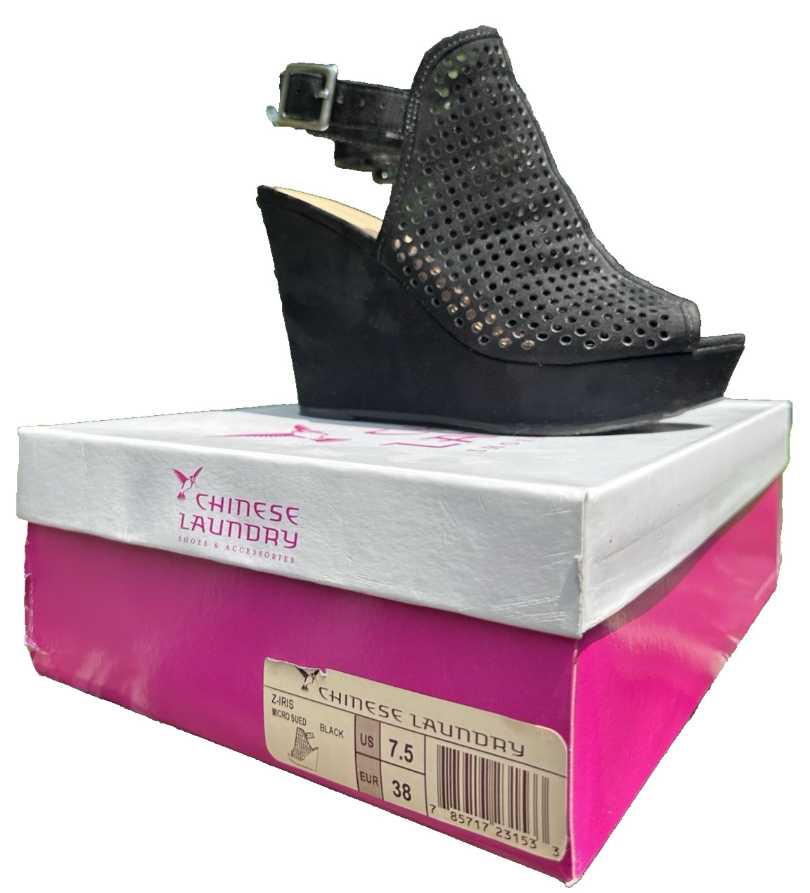 Chinese Laundry Z‑Iris Black Micro Suede Wedge Heels Size 7.5 Worn Once With Box