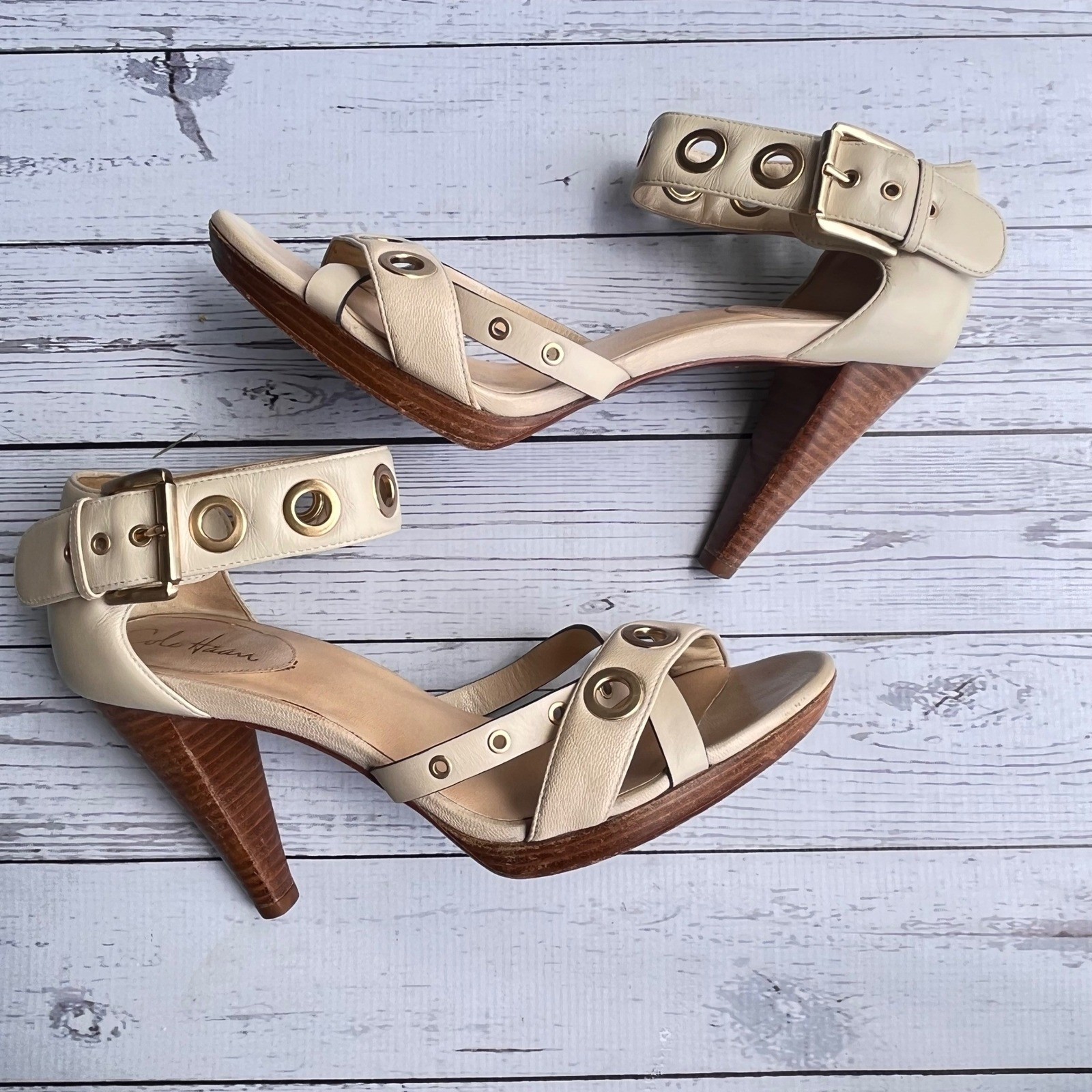 Cole Haan Cream Leather Grommet Strappy Cone Heel Sandals 10B Designer