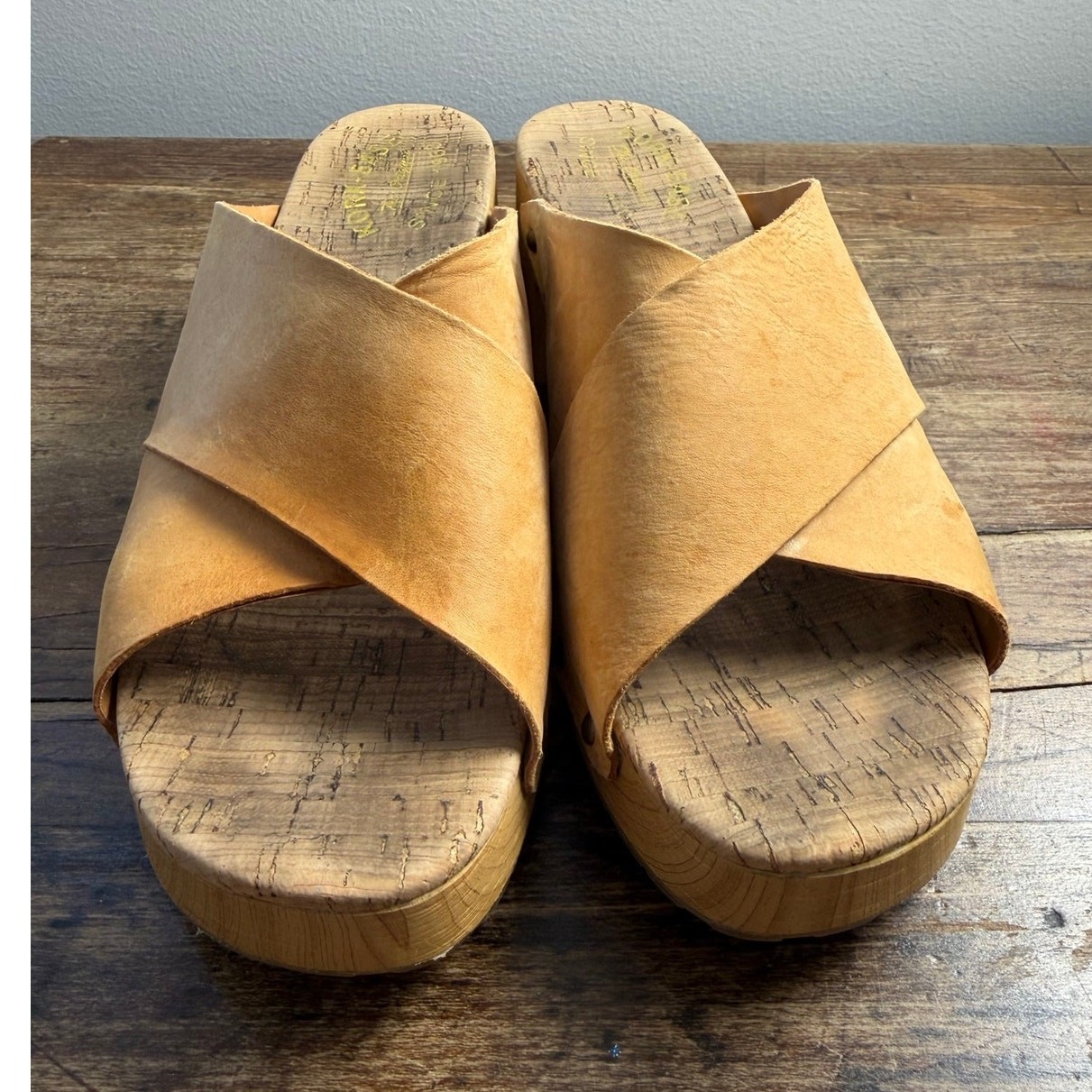 Cork Ease Mustard Yellow Leather Wooden Platform Clog Sandals Criss Cross 9
