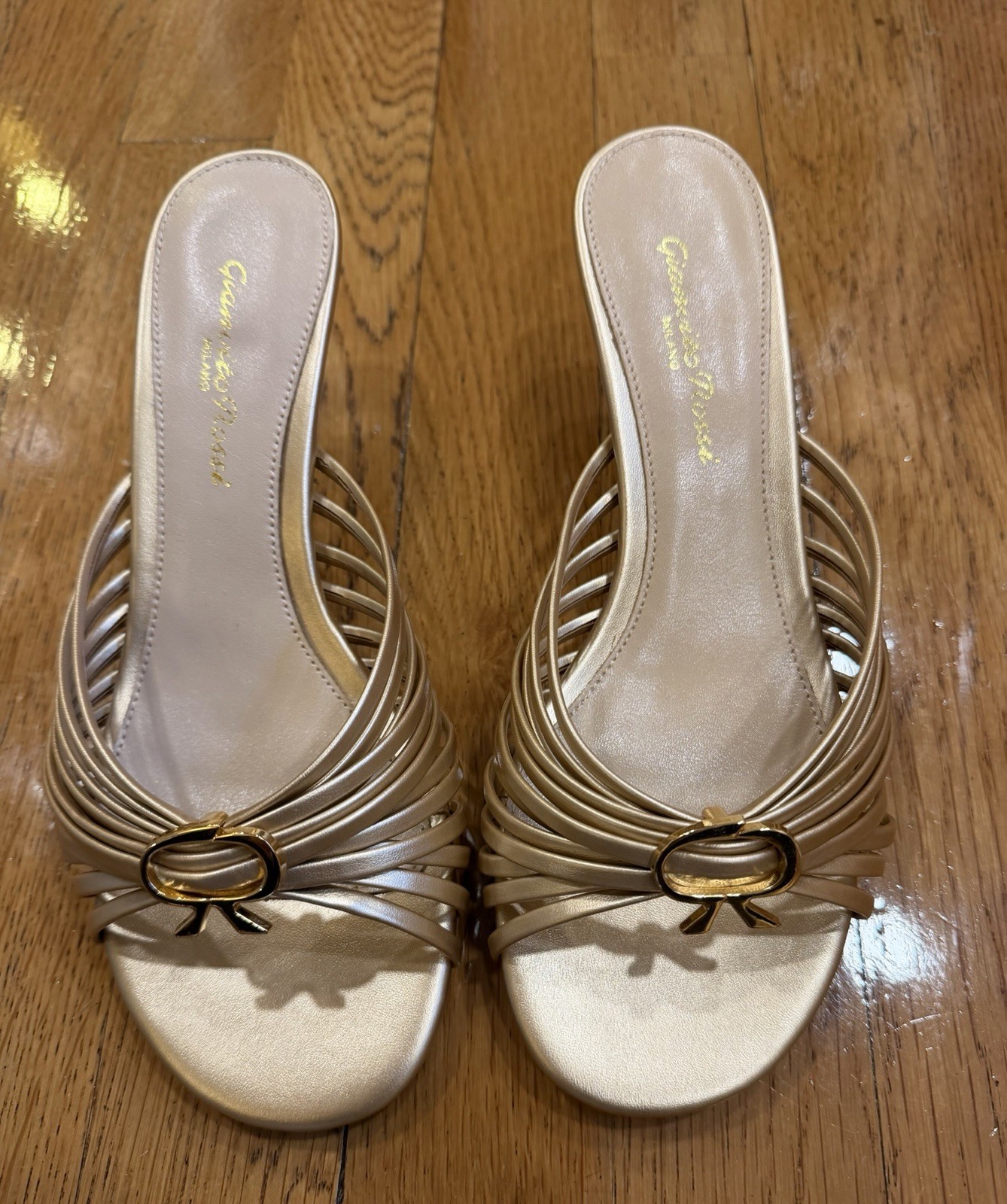 Gold Metallic Leather Mules featuring a multi strap design – Size 37