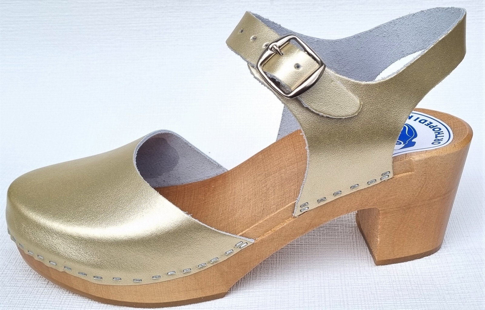 WOOD CLOGS wooden mules sandals size 38 *gold* real beef leather handmade