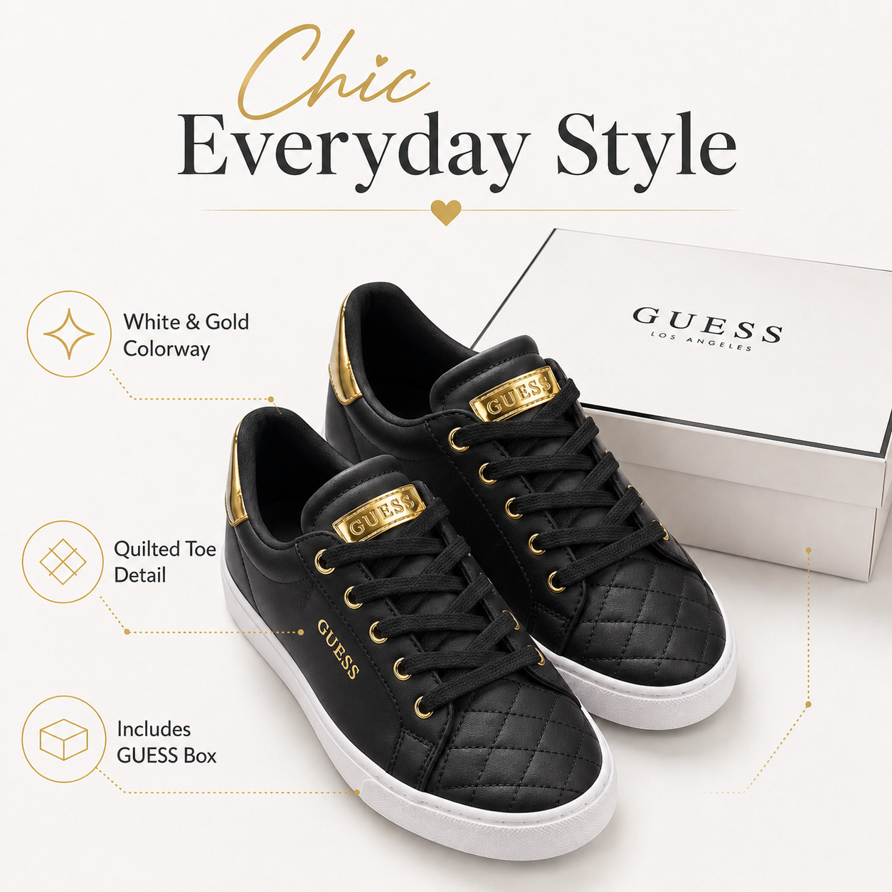 GUESS Los Angeles Black/Gold Low Top Sneakers Lace Up Quilted Shoes Size 5