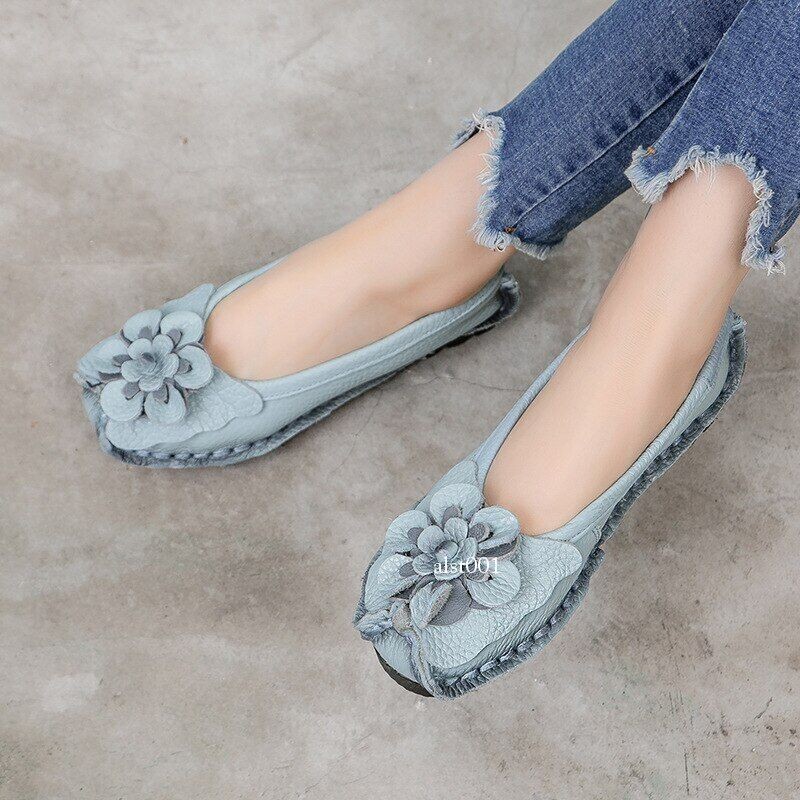Leather Flat Shoes Women Flats with Flowers Ladies Soft Shoes Loafers Slip On