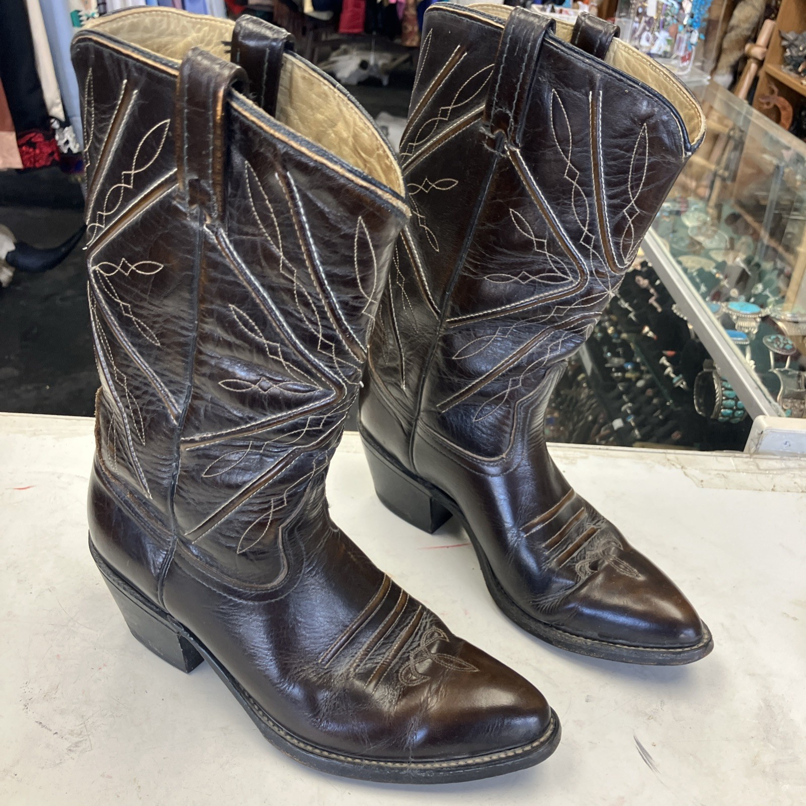 Vintage 70s Acme Western Cowgirl Stitched Brown Designer Leather Boots Size 9 M