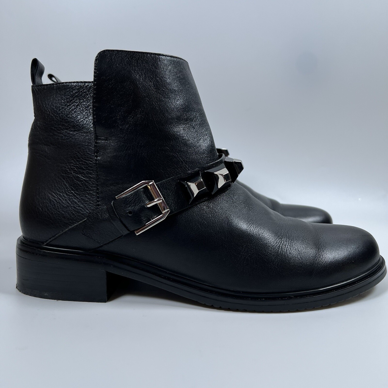 Balidoner Black Leather Ankle Boots Buckle Strap Studded Moto Biker