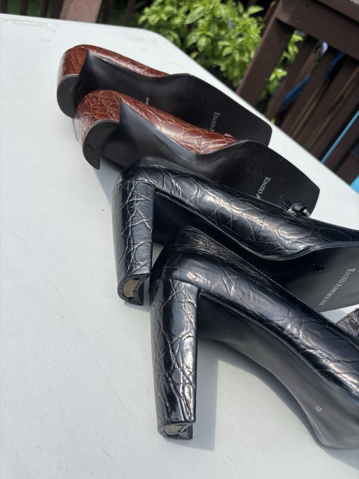 Enzo Angiolini Brown/Black Leather Croc Square Toe Block Heel Pumps 10. Two Pair