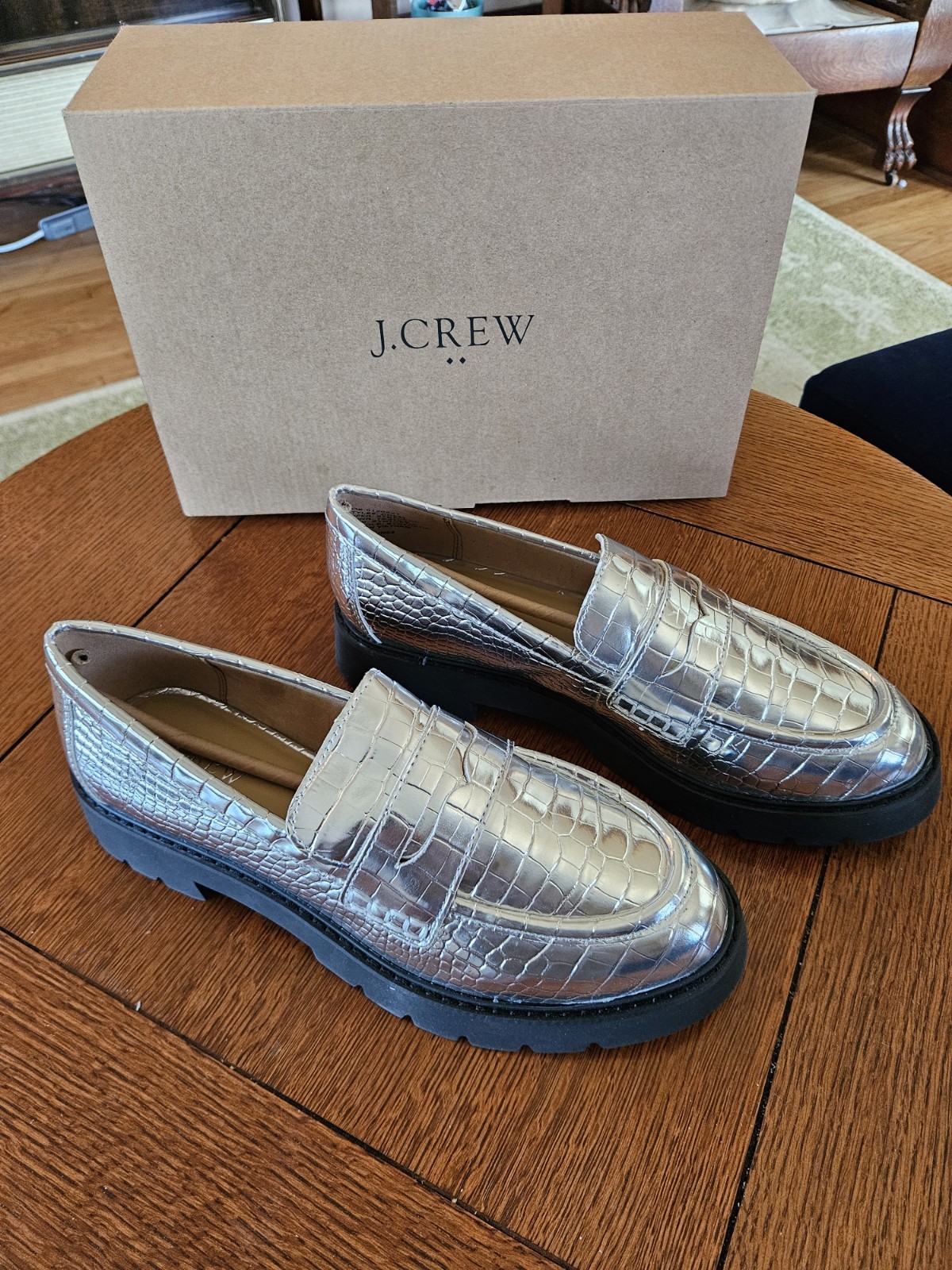 J.CREW Womens Winona Silver Croc Embossed Faux Leather Loafer Lug Sole 9 NIB