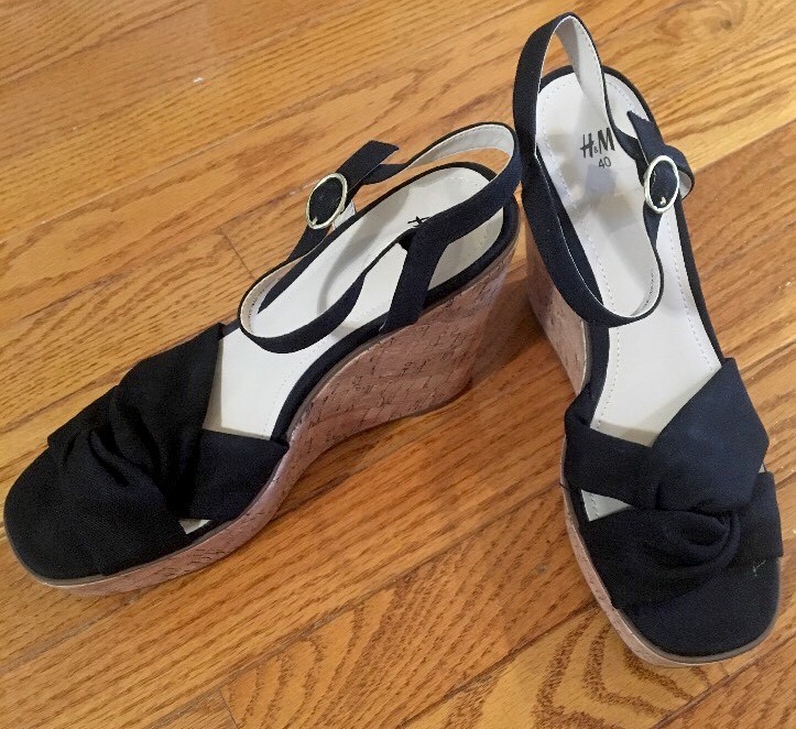 H&M Black Cork Wedges Heels With Knot Detail Size US 8.5 EUR 8.5 – NEW !