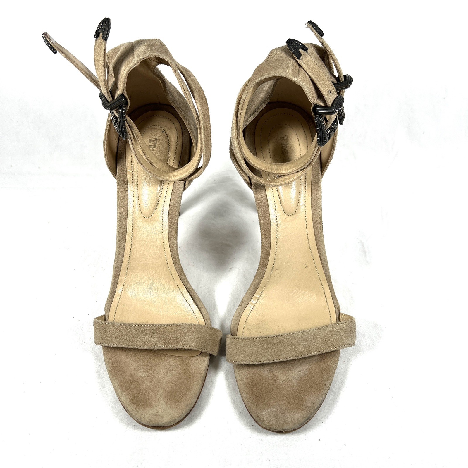 The Kooples Suede Western Ankle Strap Heels Buckle Sandals Nude Stiletto Sz.7.5