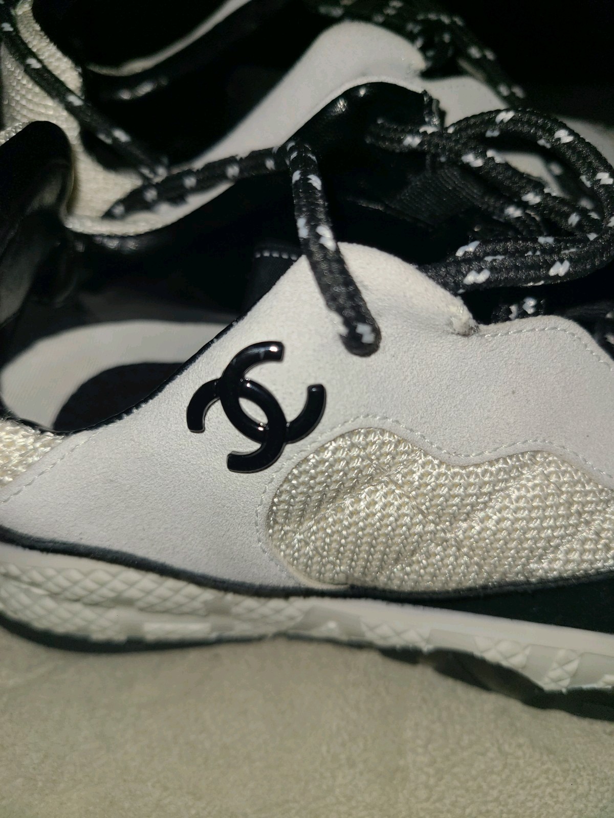 Chanel Mesh Suede Calfskin Quilted Sneakers White Ivory Womens Size 35/US 5