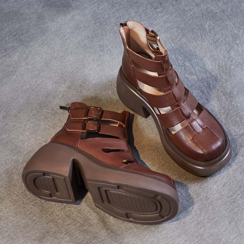 Vintage Womens Roman Gladiator Ankle Boots Real Leather Comfort Shoes Thick Sole