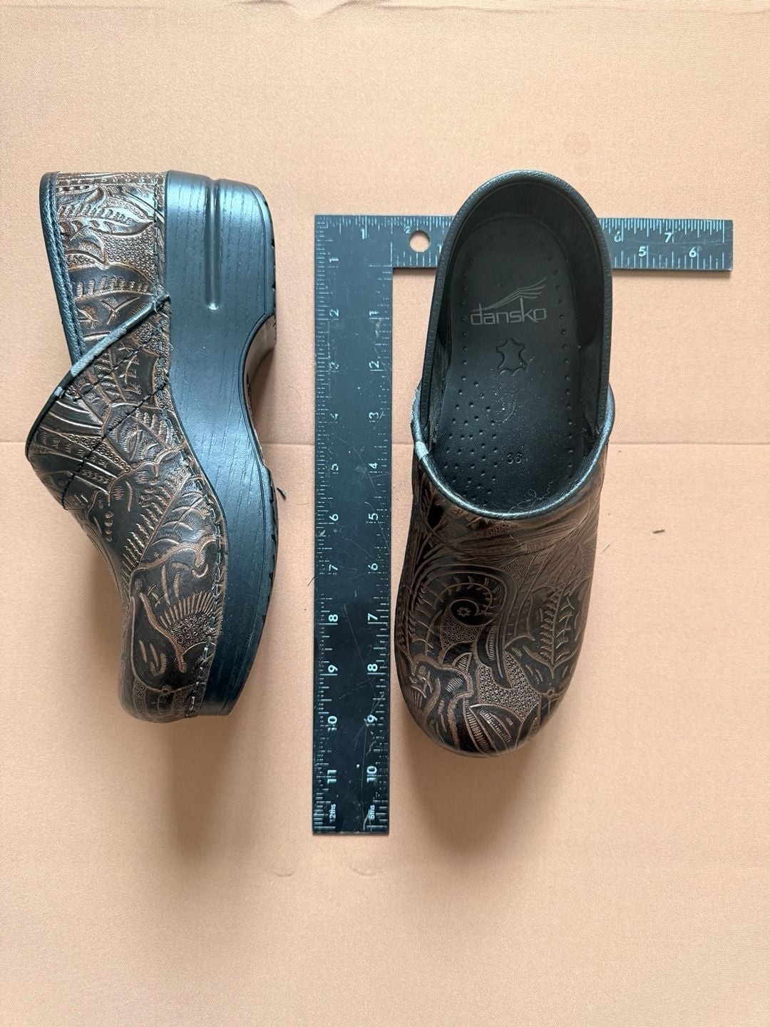 Dansko Professional Brown Tooled Embossed Leather Clogs Size 36