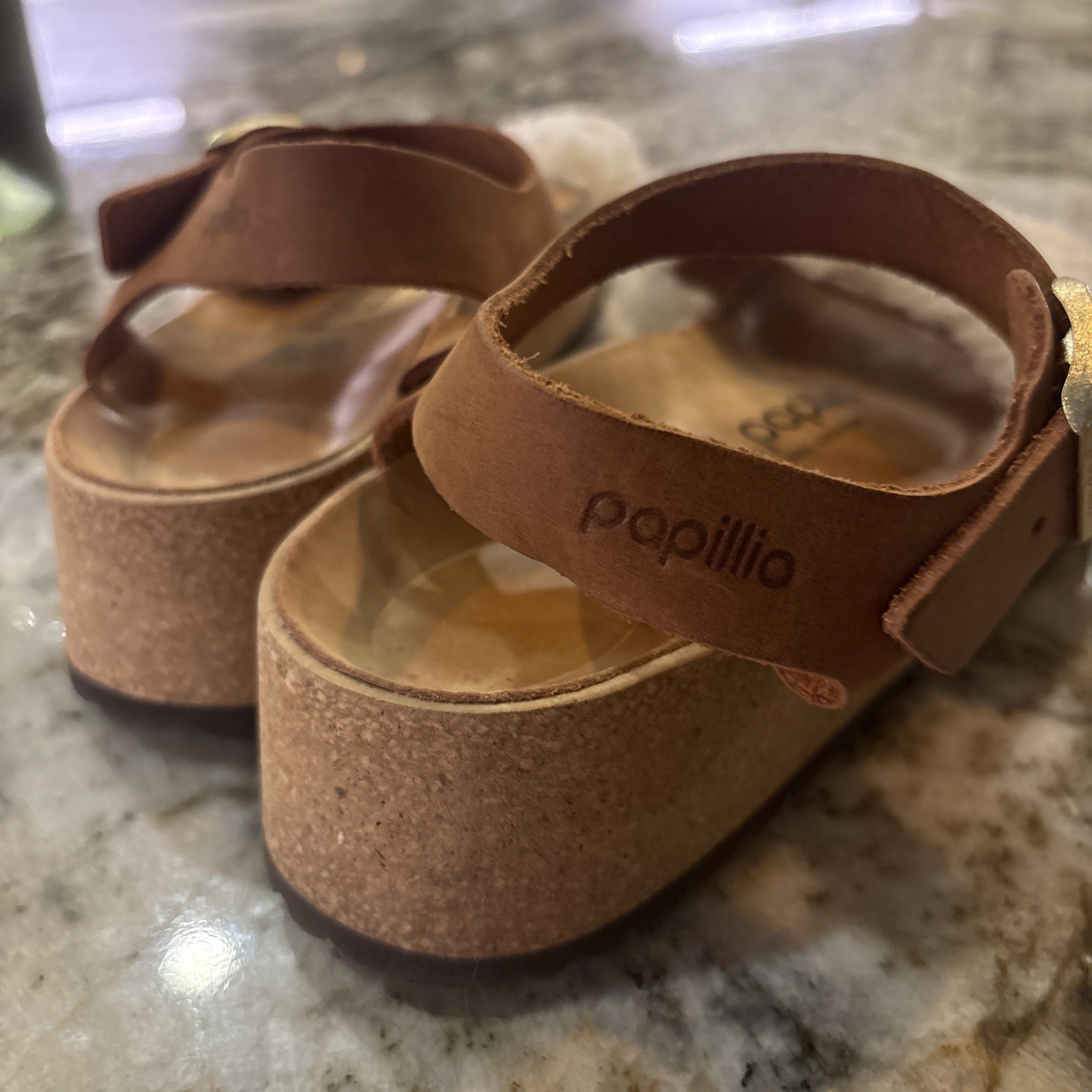 Papillio Birkenstock Glenda Cognac Nubuck Leather Platform Wedge Sandals Size 9