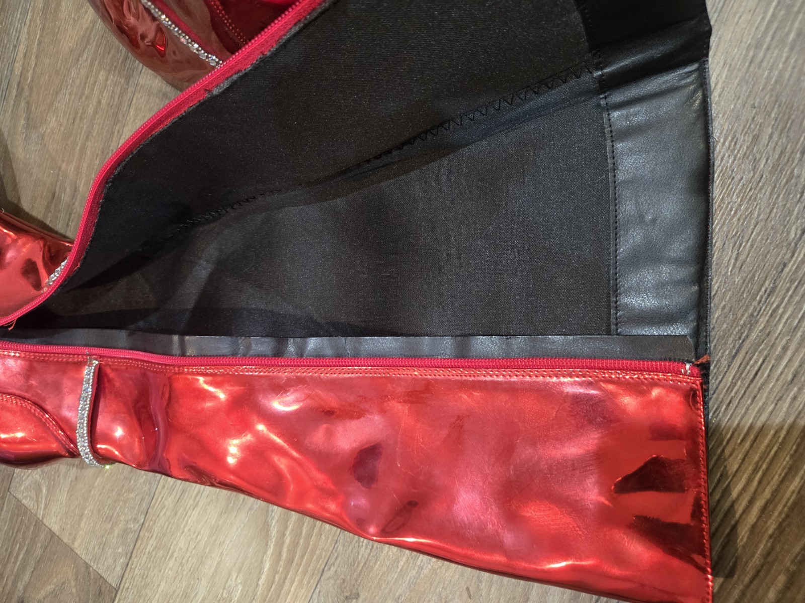 Olivia Miller Shiny Metallic Red Knee-High Heeled Boots w/ Rhinestone Straps 9