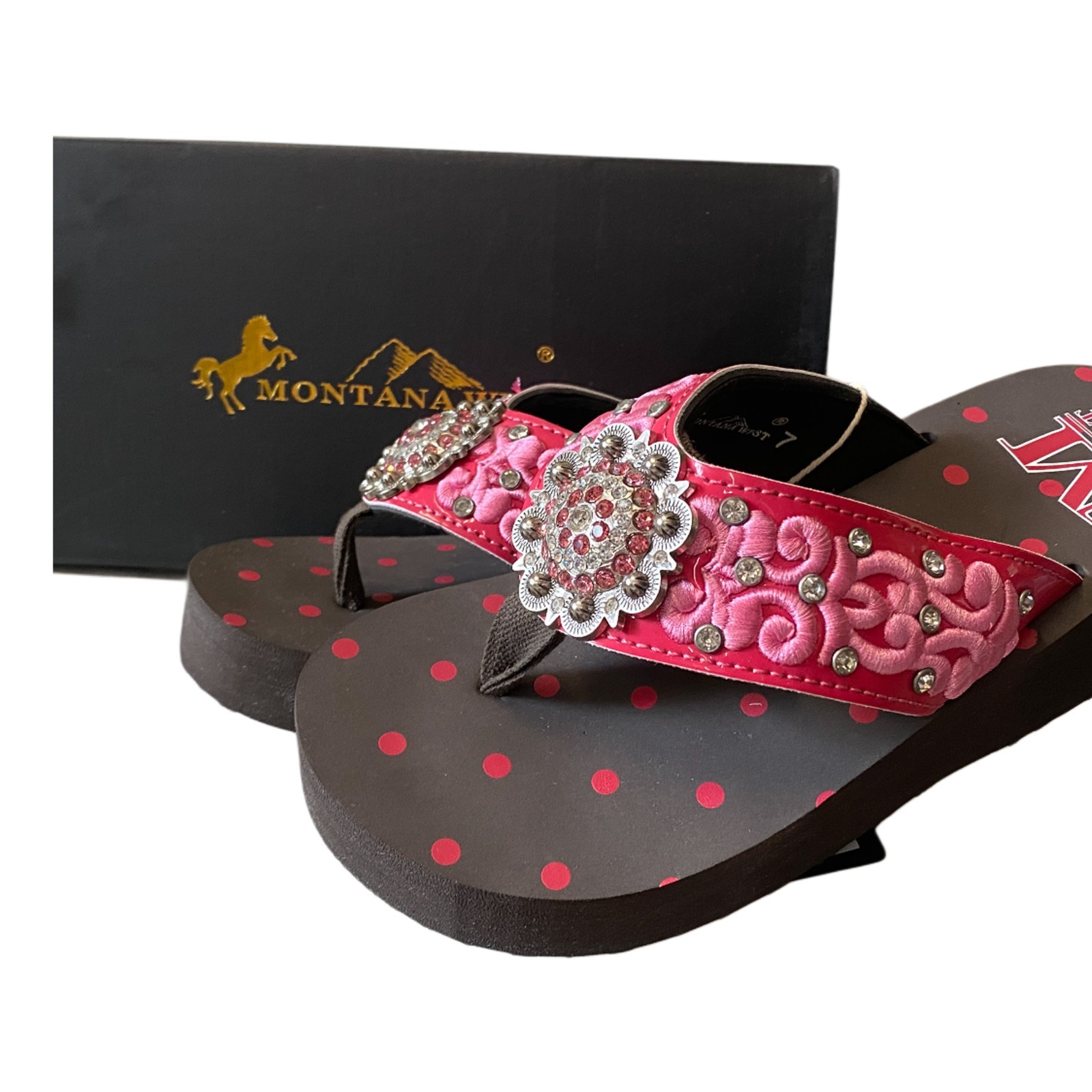 Montana West Women’s Brown Platform Pink Embroidered with Rhinestone Concho NIB