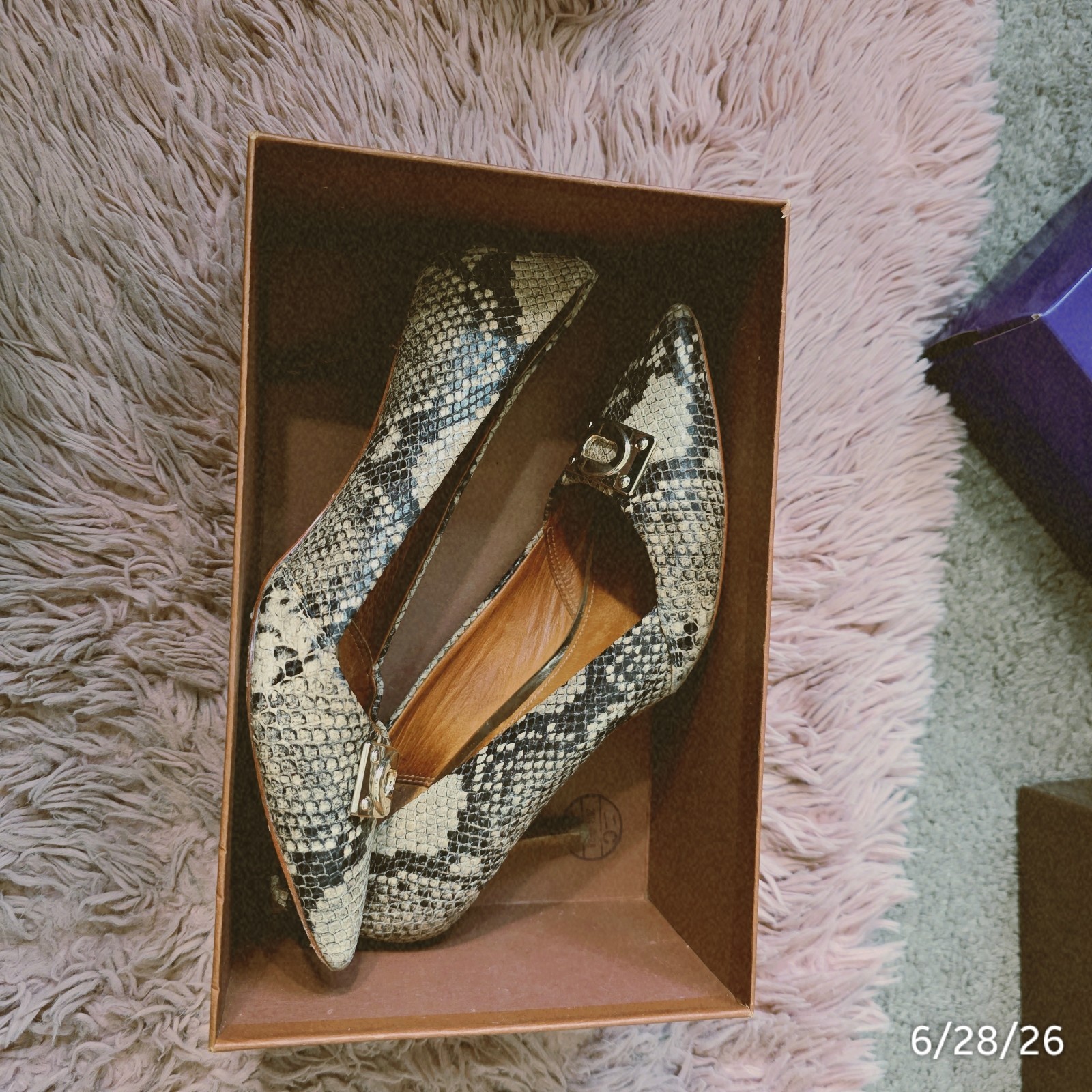Coach Snake Print Pointed Toe Slingback Flats Slip-On Black/White 8B
