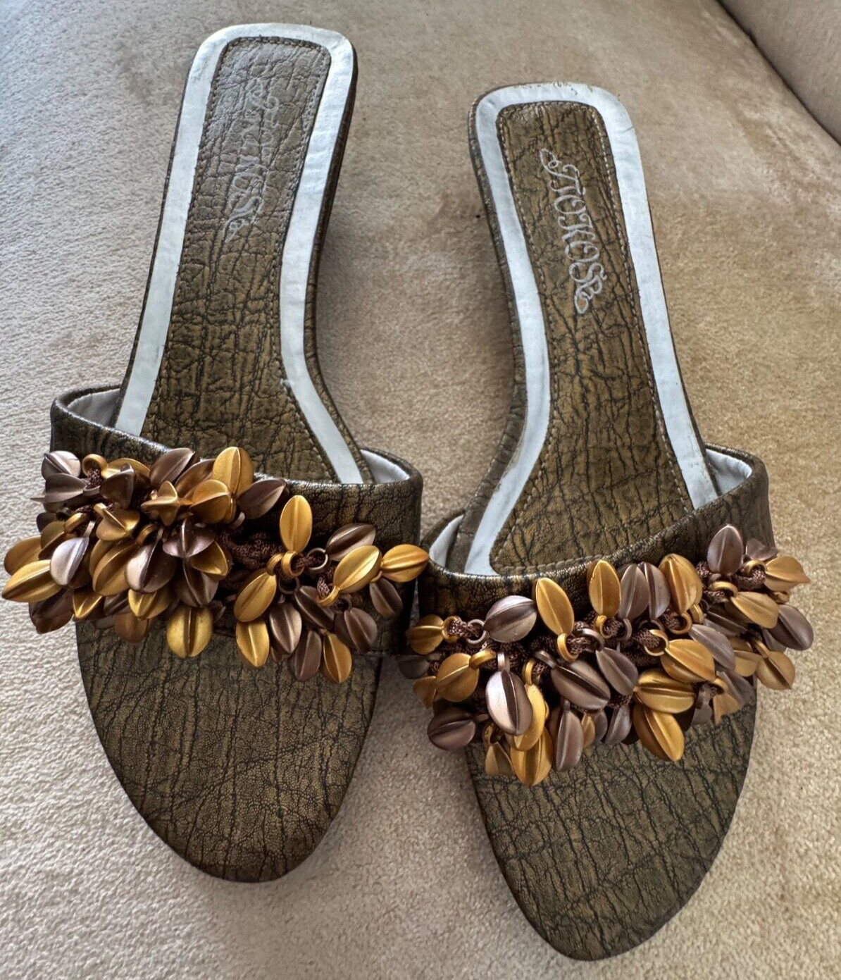 SIZE 37.5 EU 7/7.5 Gold/Silver/Bronze Deco Beads Slip On Front Strap Kitten Heel