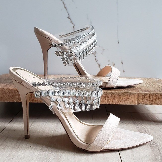Liliana Stiletto Heels Womens 7.5 Nude Clear Rhinestone Strap Suede