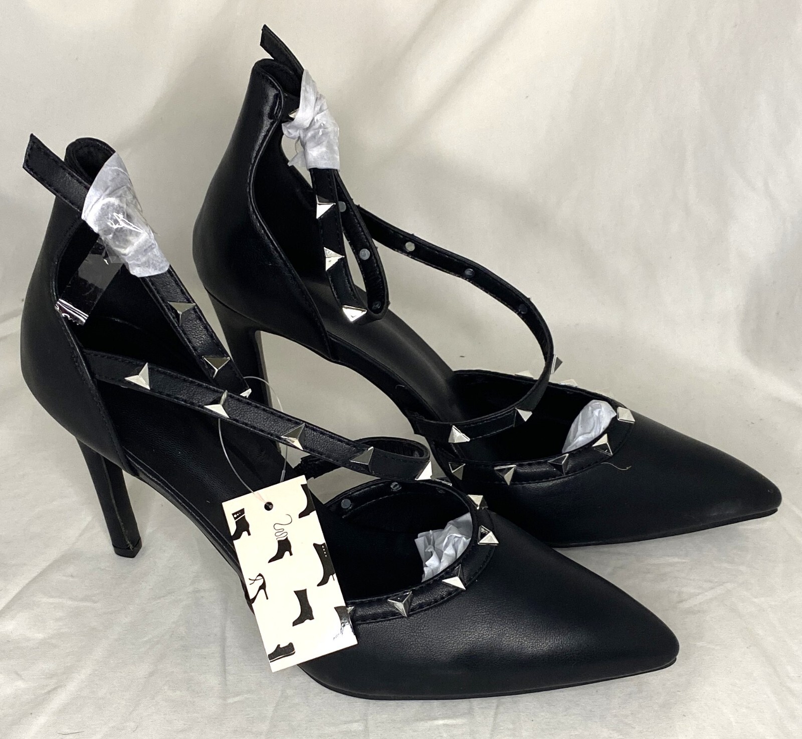 Mysoft Pointed Toe Studded Ankle Strap Stiletto Heel Pumps Black Size 9