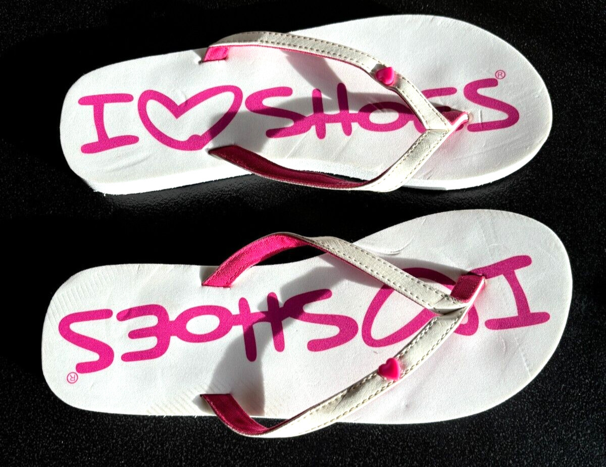 Aerie Flip Flop Thongs «I Love Shoes» White & Pink Flat Sandals Women’s Size 8