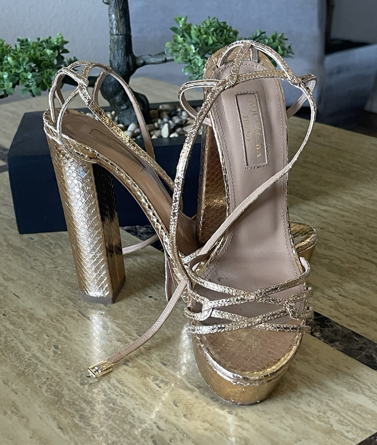 Aquazzura Gold Snake Print Strappy Leather Open Toe Buckle Sandals EU 36.5