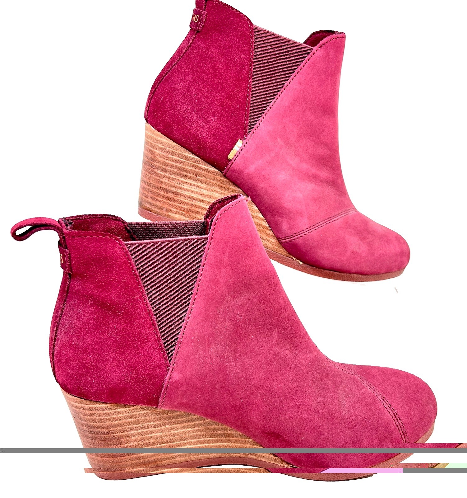 TOMS Kaia Womens Ankle Booties Sz 8 Rose Suede Slip On Round Toe Wedge “MINT”