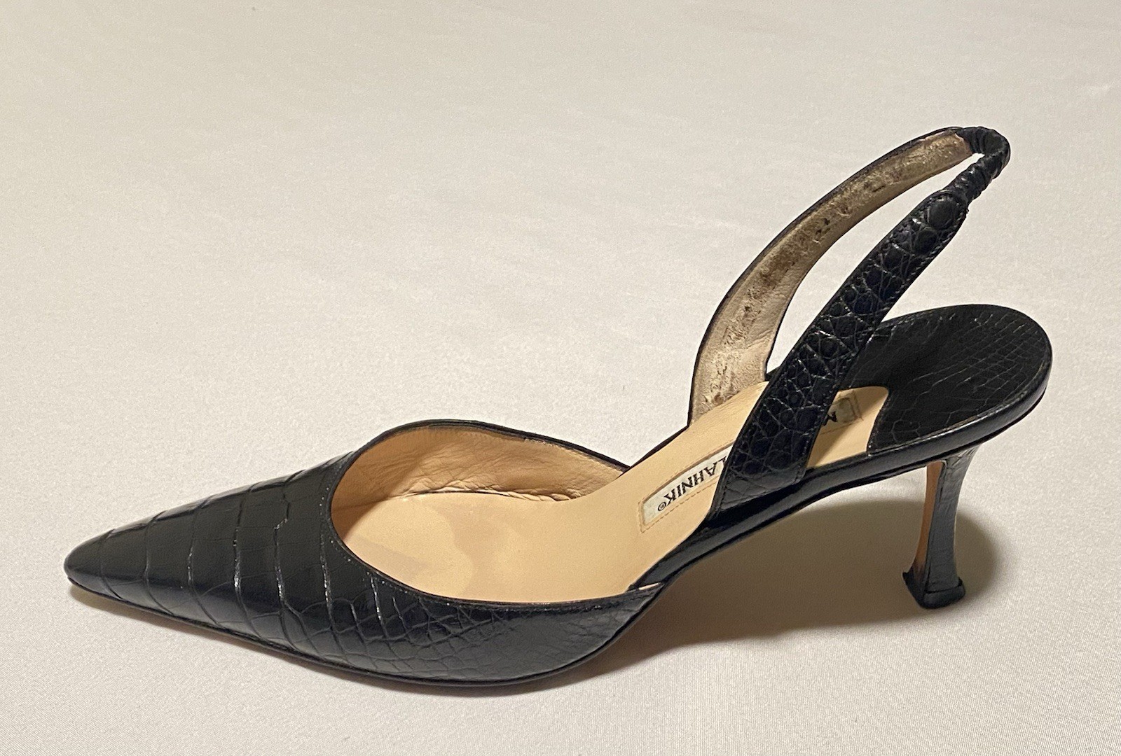Manolo Blahnik Carolyne Crocodile Black Slingback Women Heel Shoe EU39/US9 $5400