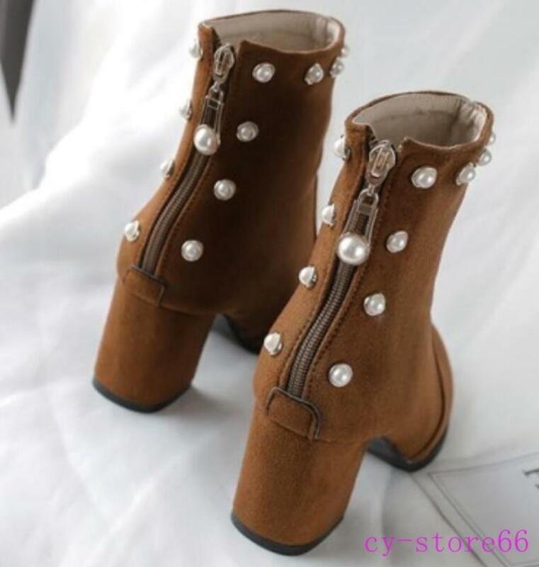 Womens Pearls Zipper Ankle Boots High Chunky Heel Casual Suede Shoes Clubwear