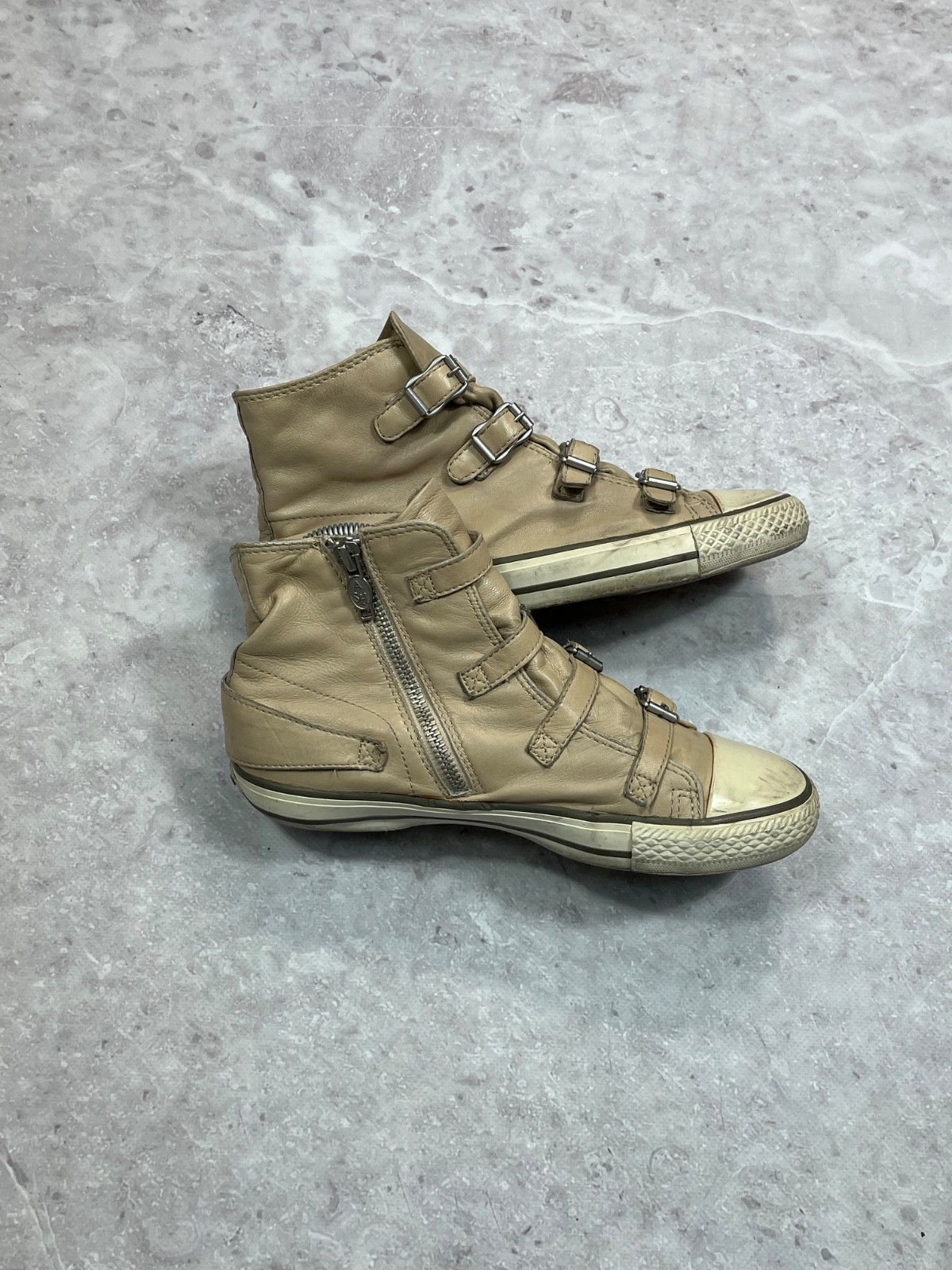 ASH Virgin Leather High Top Trainers Multi Buckle Straps Beige Sz 37