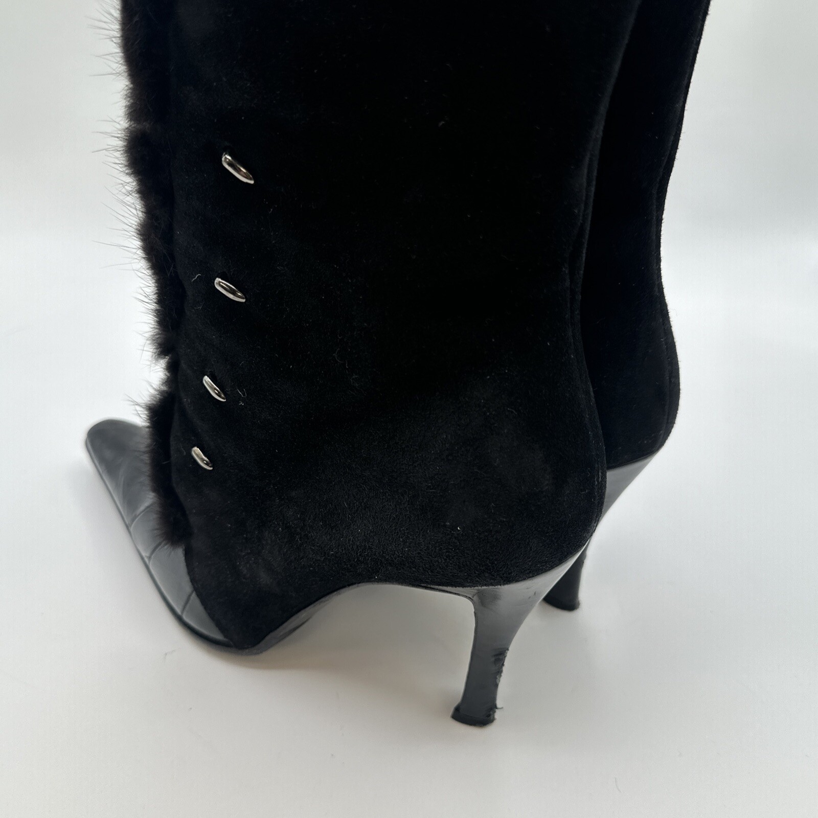 Mauri Boots Womens 9.5 Black Suede Alligator Mink Fur Trim Witchy Gothic Italy