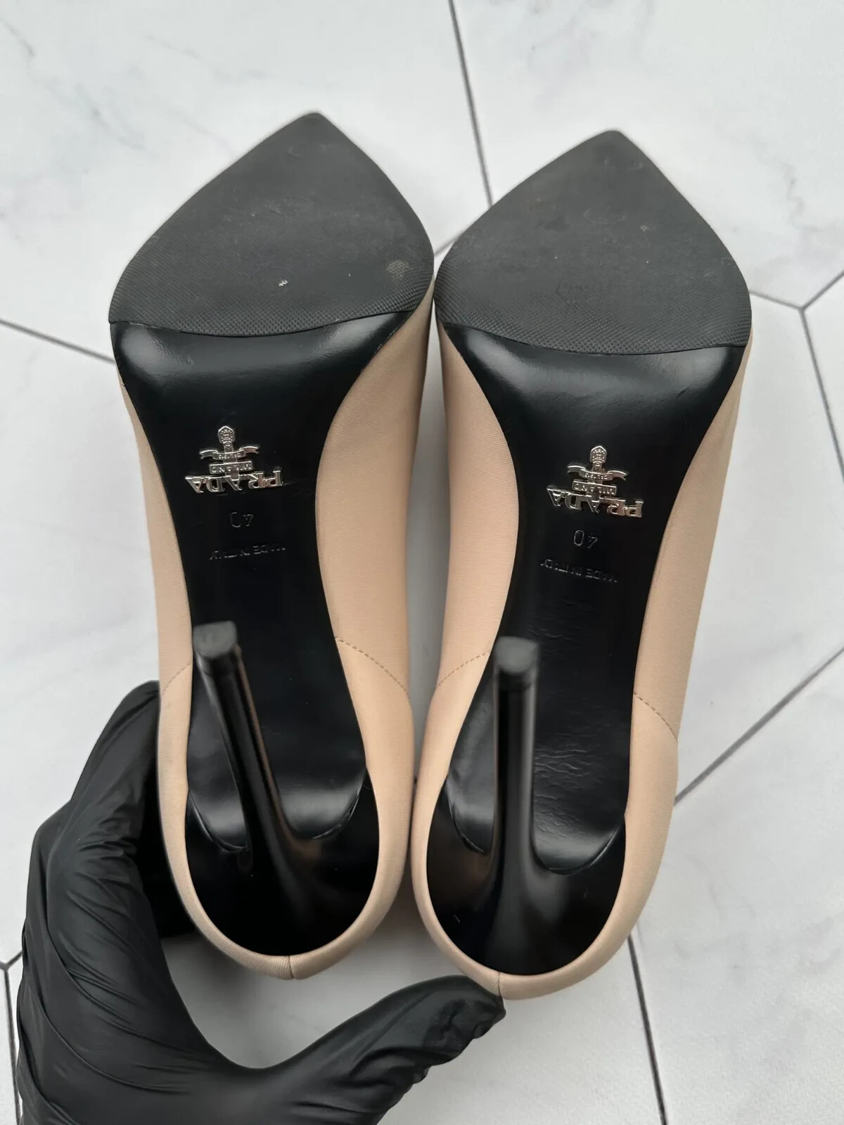 Prada Womens Beige Pumps Pointed Toe Heels Leather Classic Designer Shoes