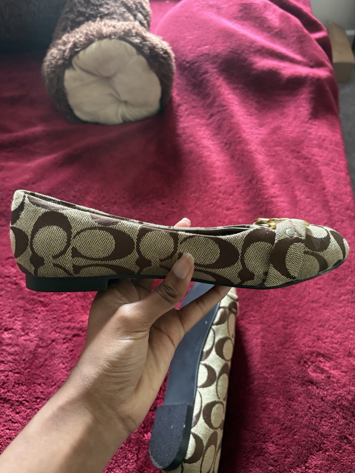 Coach Signature Canvas Ballet Flats Size 8 Beige Brown Slip-On Logo Buckle